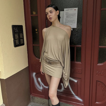 Irregular flared sleeves solid color slim fit dress for women