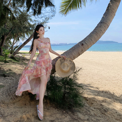 Vacation Style Irregular Hem Leaf Edge Short Dress Women's Strapless Dress