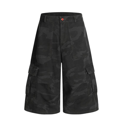 Camouflage Multi-Pocket Ribbon Workwear Capri Pants Unisex Loose Casual Wide-Leg Mid-Length Trousers