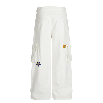 Large pocket embroidered workwear casual pants
