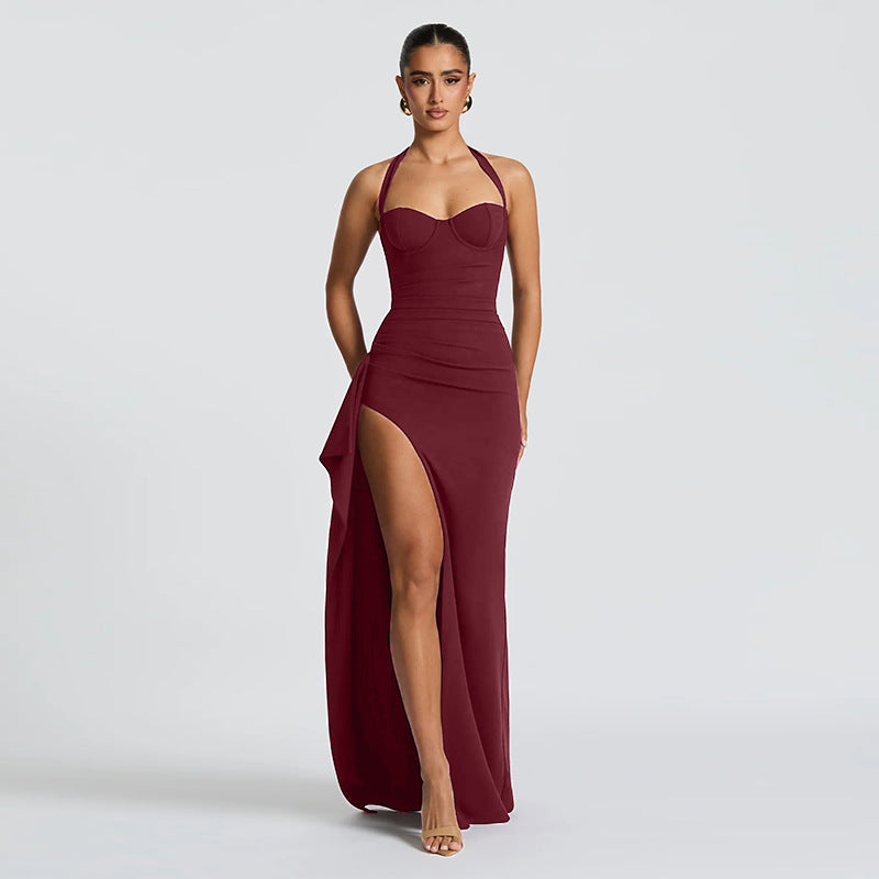 Halter Strap Chest-Emphasizing Slit Ruffle Strapless Dress  New Elegant