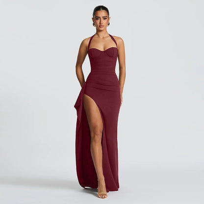 Halter Strap Chest-Emphasizing Slit Ruffle Strapless Dress  New Elegant