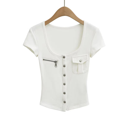 Short sleeved top U-neck slim fit T-shirt