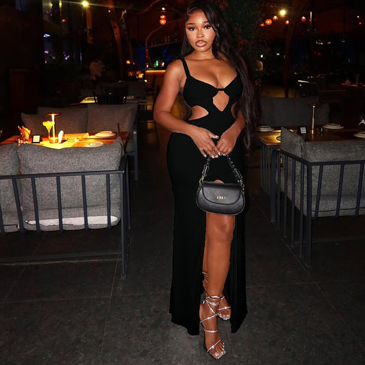 Women's Pure Color Hollow Out Bodycon Dress Strapless Slit Long Pleated Dress