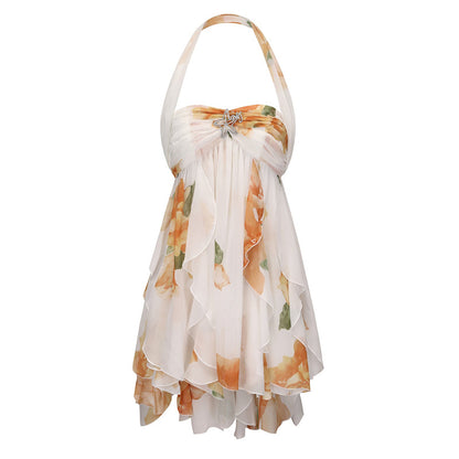 Chiffon Printed French Halter Noble Fairy Dress Holiday Wind Sexy Backless Short Skirt