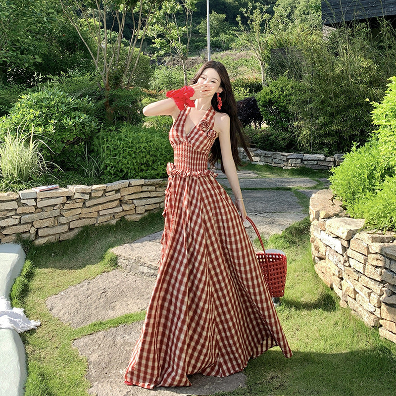 Plaid Vacation Handmade Flower Tie Strapless Dress for Women Spring Summer