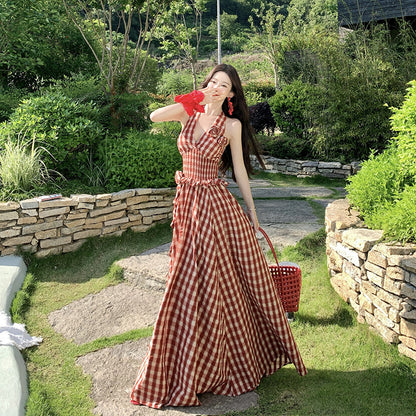Plaid Vacation Handmade Flower Tie Strapless Dress for Women Spring Summer