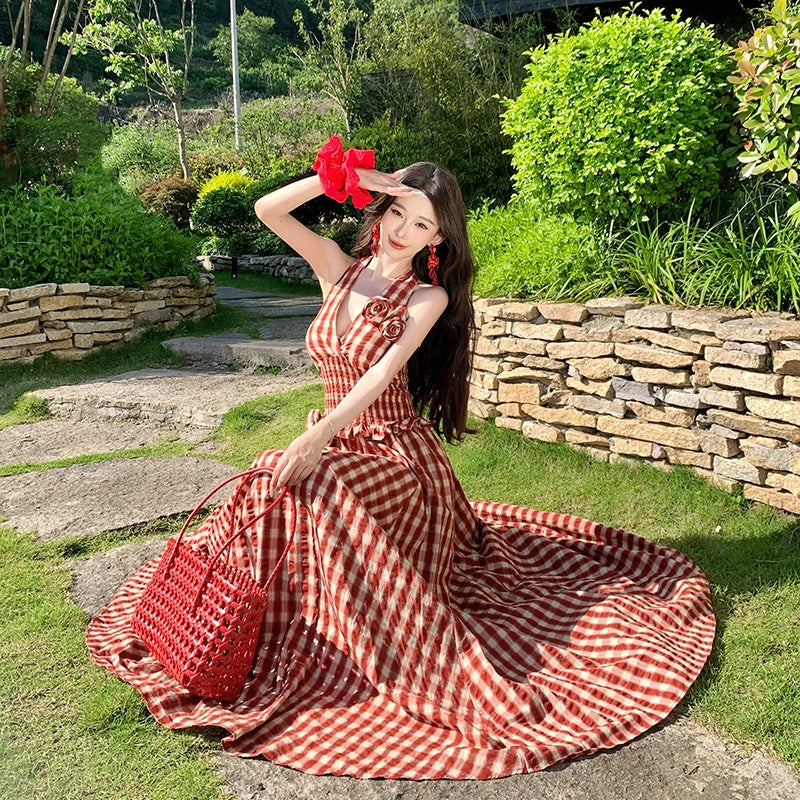 Plaid Vacation Handmade Flower Tie Strapless Dress for Women Spring Summer