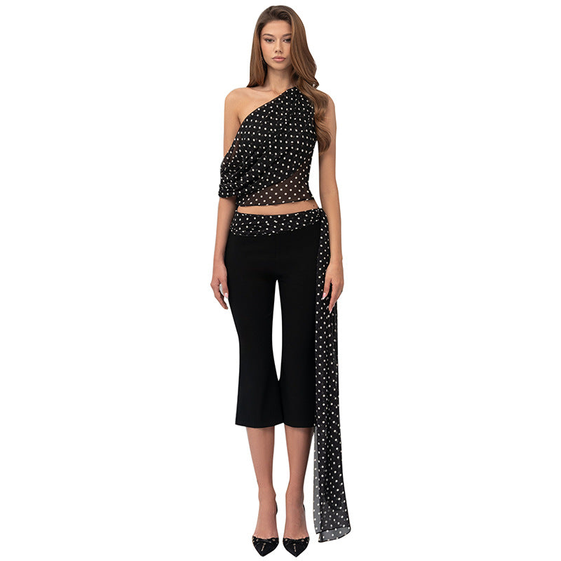 Women's Sleeveless Drop Shoulder Top with Belt and Flared Mid-Length Pants Set