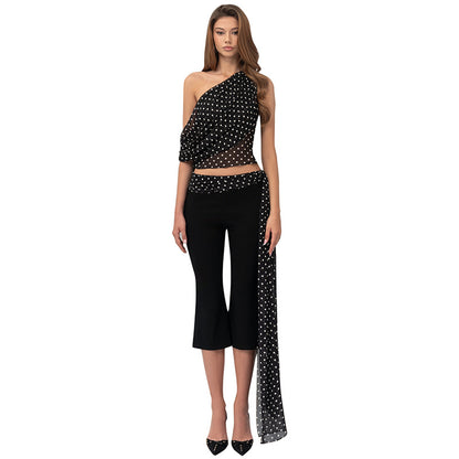Women's Sleeveless Drop Shoulder Top with Belt and Flared Mid-Length Pants Set