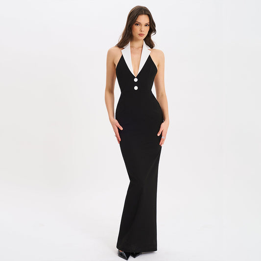 Hanging neck and lapel long skirt sexy V-neck slim fit backless dress