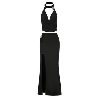 Backless Swing Collar Neckline Waist-Cinching Top with  Skirt set