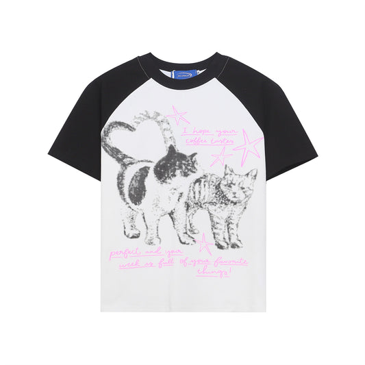 Retro Cat Print Raglan Short Sleeve T-Shirt Women's Slim Design Sense Unique Short Length Spicy Girl Top