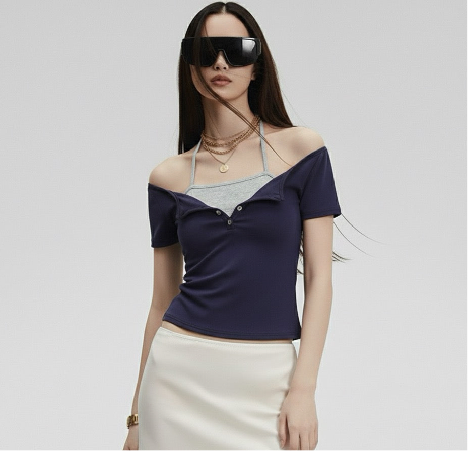 Fake Two-Piece Halter Tie Slim Fit Short Sleeve Top for Women