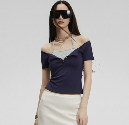 Fake Two-Piece Halter Tie Slim Fit Short Sleeve Top for Women