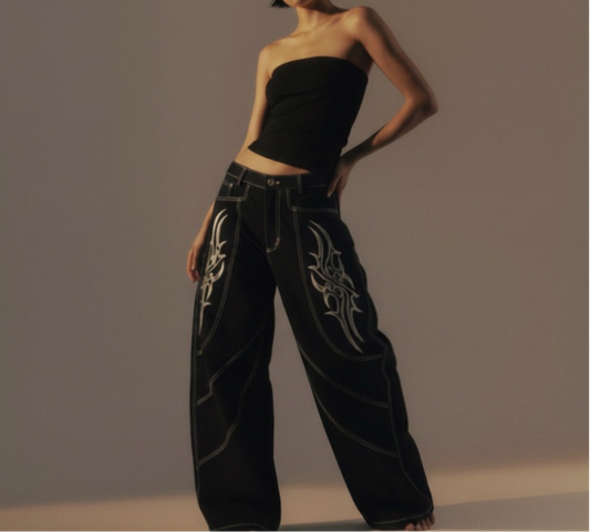 Wide Leg Long Pants Thorns Embroidery Loose Floor-Length Denim Pants Unisex Trendy