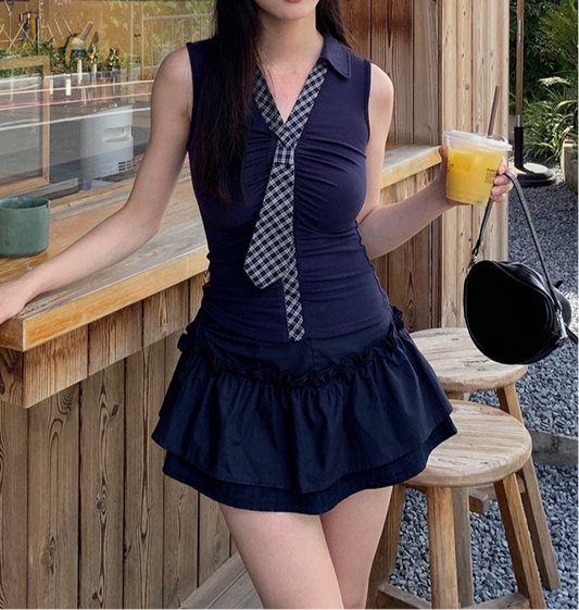 Plaid Collar Tie V-neck Vest + Unique Personalized Pleated Skirt Women