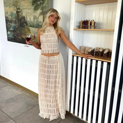 Wrinkle lace lace vest long skirt set