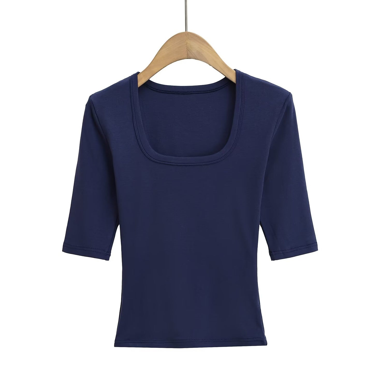 Elastic Fitted U-neck Lockbone Mid-sleeve Tee Shirt