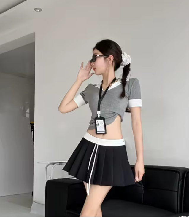 High waisted A-line short skirt pleated skirt tennis skirt