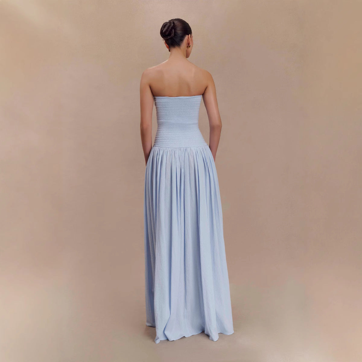 Women's Solid Color Sleeveless Backless Fitted Shirred Tube Dress Long Skirt Pleated