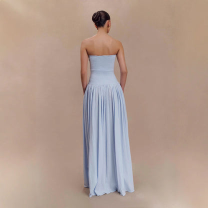 Women's Solid Color Sleeveless Backless Fitted Shirred Tube Dress Long Skirt Pleated