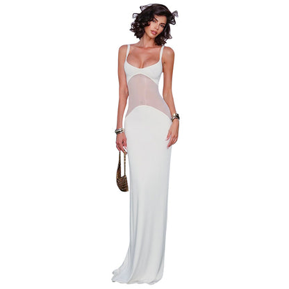 Women's Fitted Strapless Dress with Arc-shaped Mesh Splicing