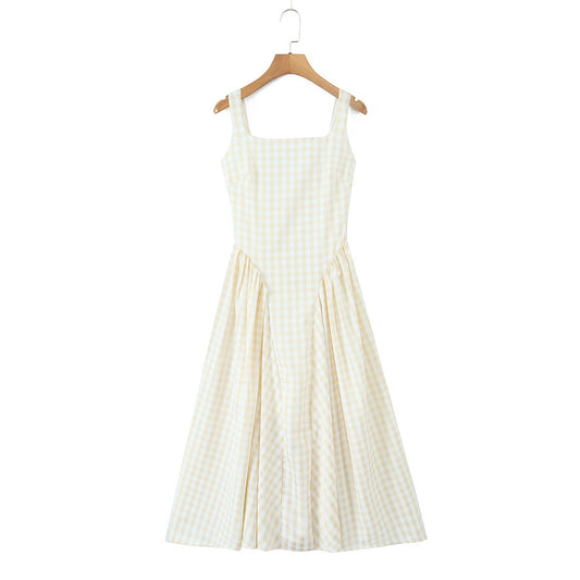 Plaid Elastic Waist Slim Fit Flared Strapless Long Dress