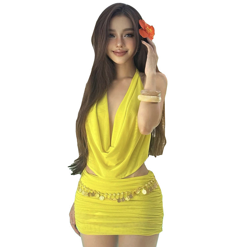 Sexy temperament deep V-top slim fit high waist skirt set for women