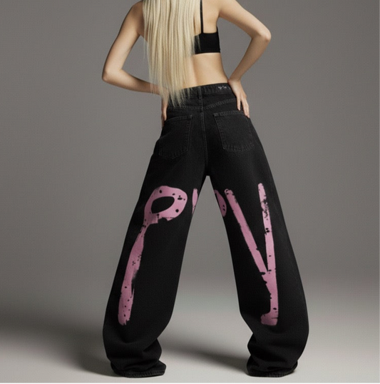 Street Style Printed Tapered Denim Long Pants