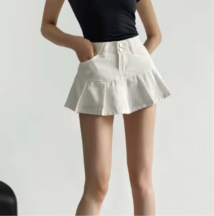 High-Waisted Leg-Lengthening Washed Vintage Two-Button Denim Pleated A-Line Mini Skirt