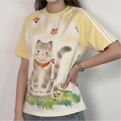 Retro Colorblock Cat Print Short Sleeve T-Shirt Women's Summer Raglan Slim Fit Cropped Spicy Top