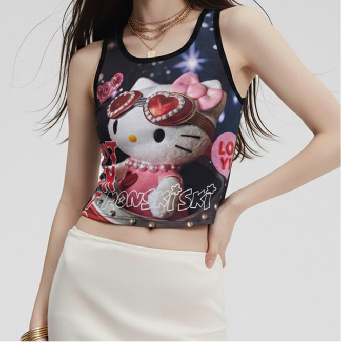 Kitty Cat Full Print Elastic Tank Top Women Slim Spicy Girl Undershirt Sleeveless Outerwear