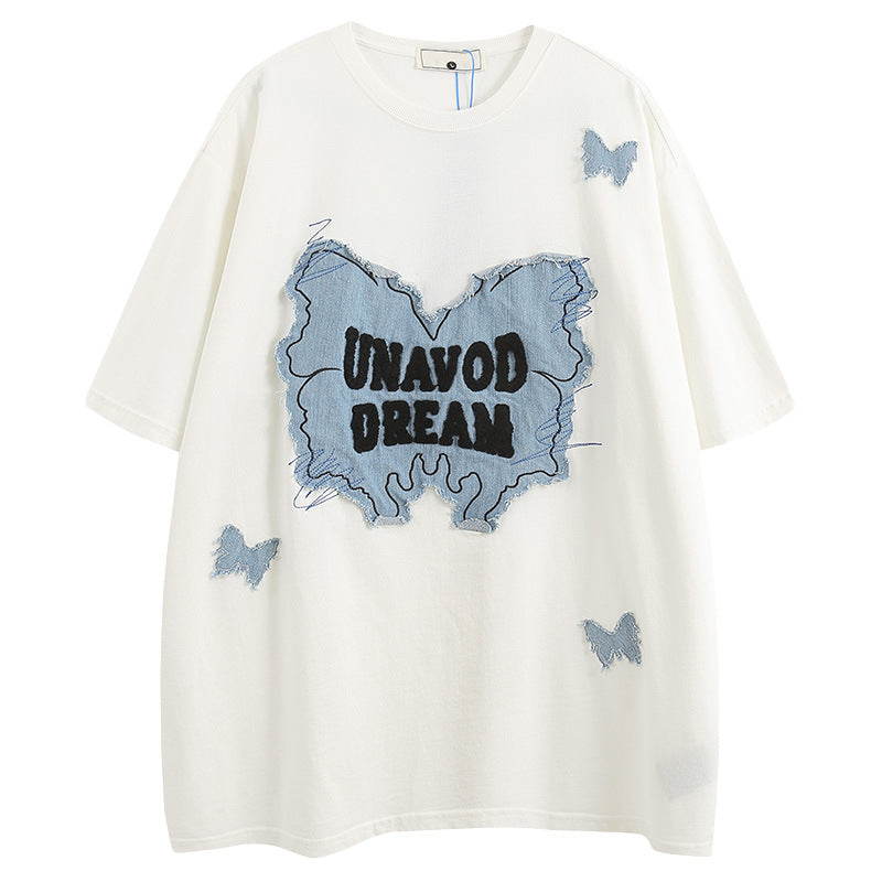 Denim Patch Decorative Unique Couple Trendy Short Sleeve T-Shirt