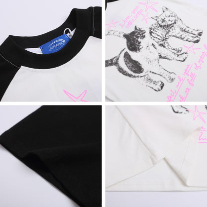 Retro Cat Print Raglan Short Sleeve T-Shirt Women's Slim Design Sense Unique Short Length Spicy Girl Top