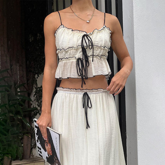 Sexy vacation style camisole top slim fit temperament long skirt set