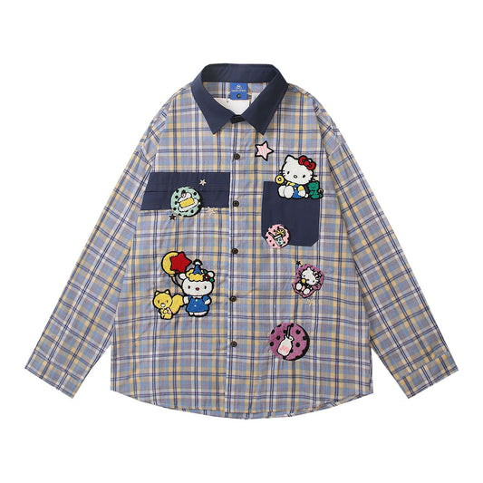 Cartoon Embroidery Splicing Color Block Plaid Long Sleeve Shirt Unisex Loose Couple Blouse Jacket