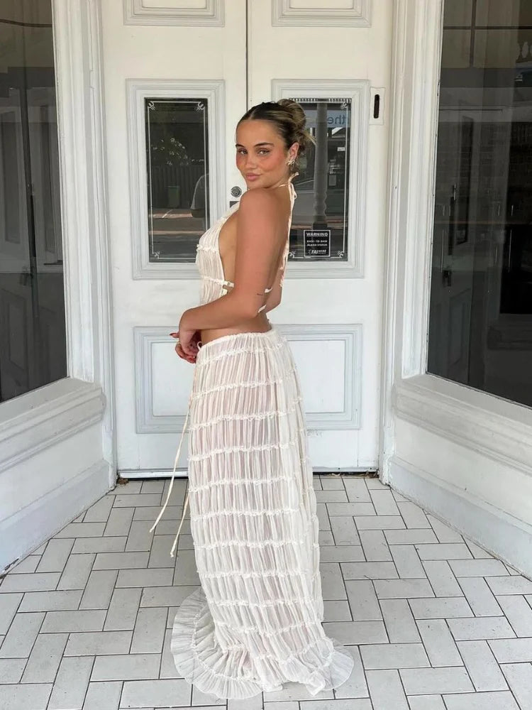 Wrinkle lace lace vest long skirt set