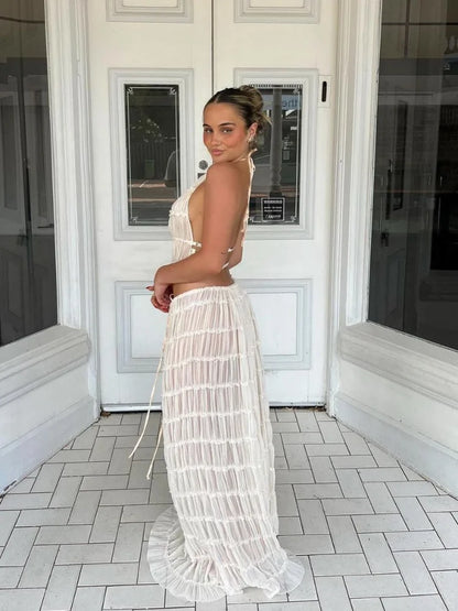 Wrinkle lace lace vest long skirt set
