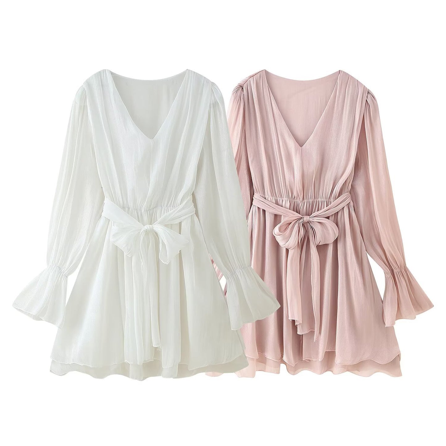 Women's V-neck Flare Sleeve Waist-tied Belted Dress