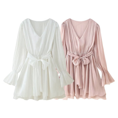 Women's V-neck Flare Sleeve Waist-tied Belted Dress