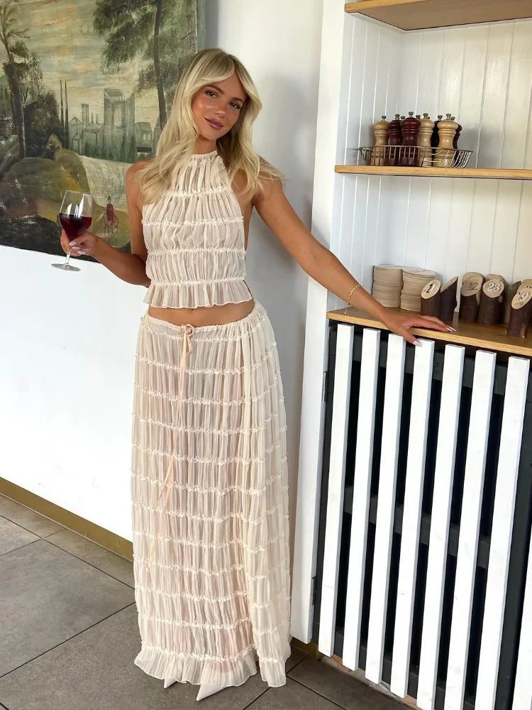 Wrinkle lace lace vest long skirt set