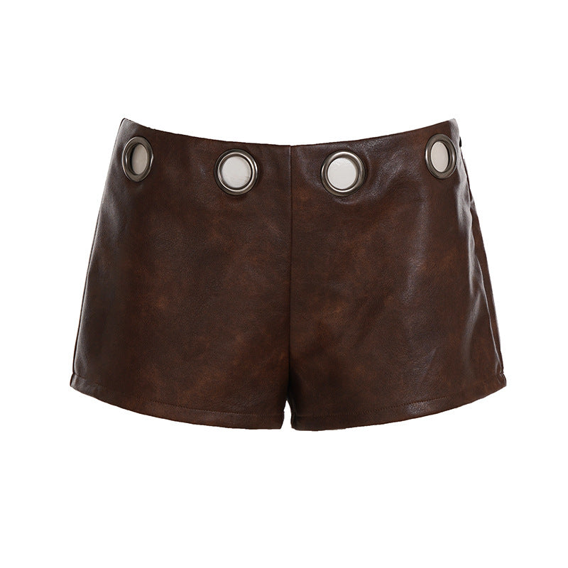 Motorcycle style leather splicing hole waist top spicy girl low waist shorts