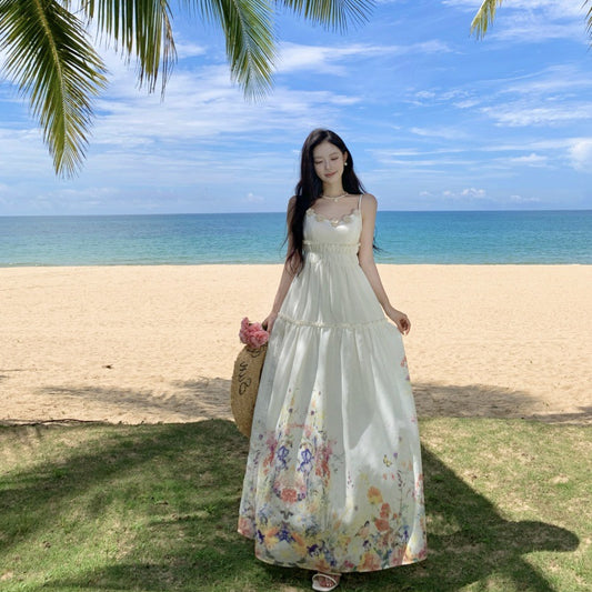 Sweet Style Three-Dimensional Flower Strapless Dress Women's Summer Temperament Print Waist-Slimming A-Line Dress
