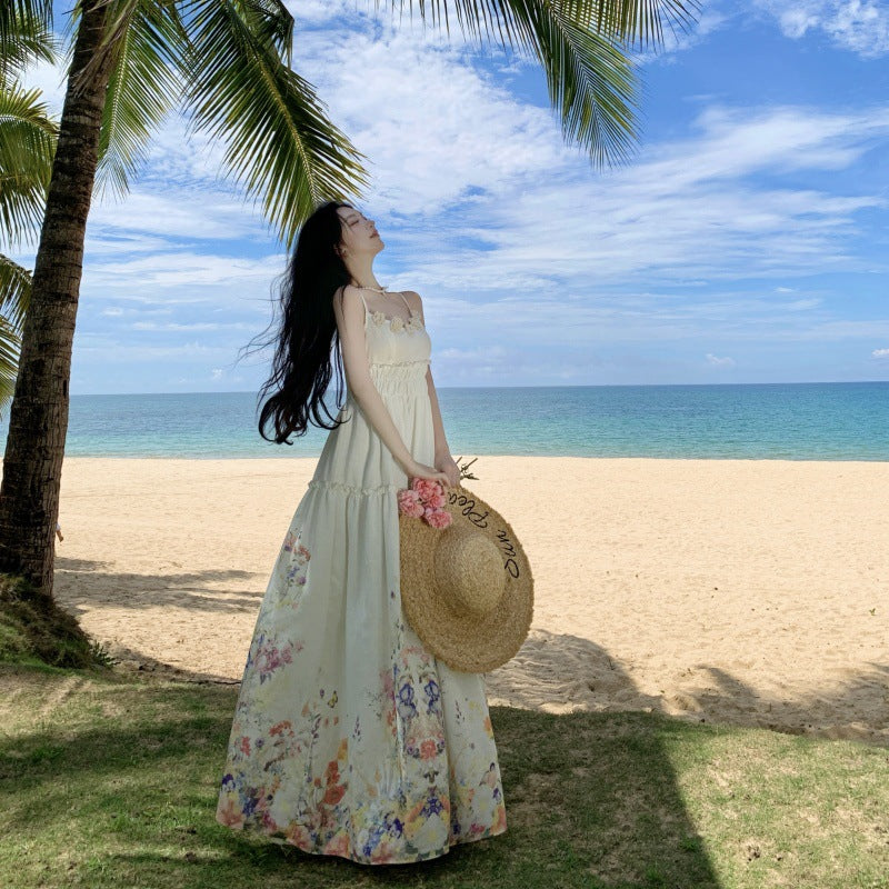 Sweet Style Three-Dimensional Flower Strapless Dress Women's Summer Temperament Print Waist-Slimming A-Line Dress