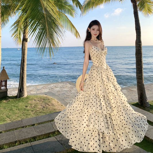 French Vacation Gentle Polka Dot Waist-Cinching Slimming Fashion Strapless Dress