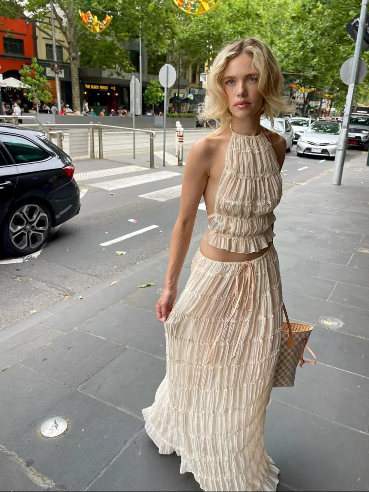 Wrinkle lace lace vest long skirt set