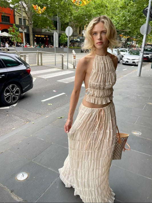 Wrinkle lace lace vest long skirt set