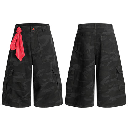 Camouflage Multi-Pocket Ribbon Workwear Capri Pants Unisex Loose Casual Wide-Leg Mid-Length Trousers