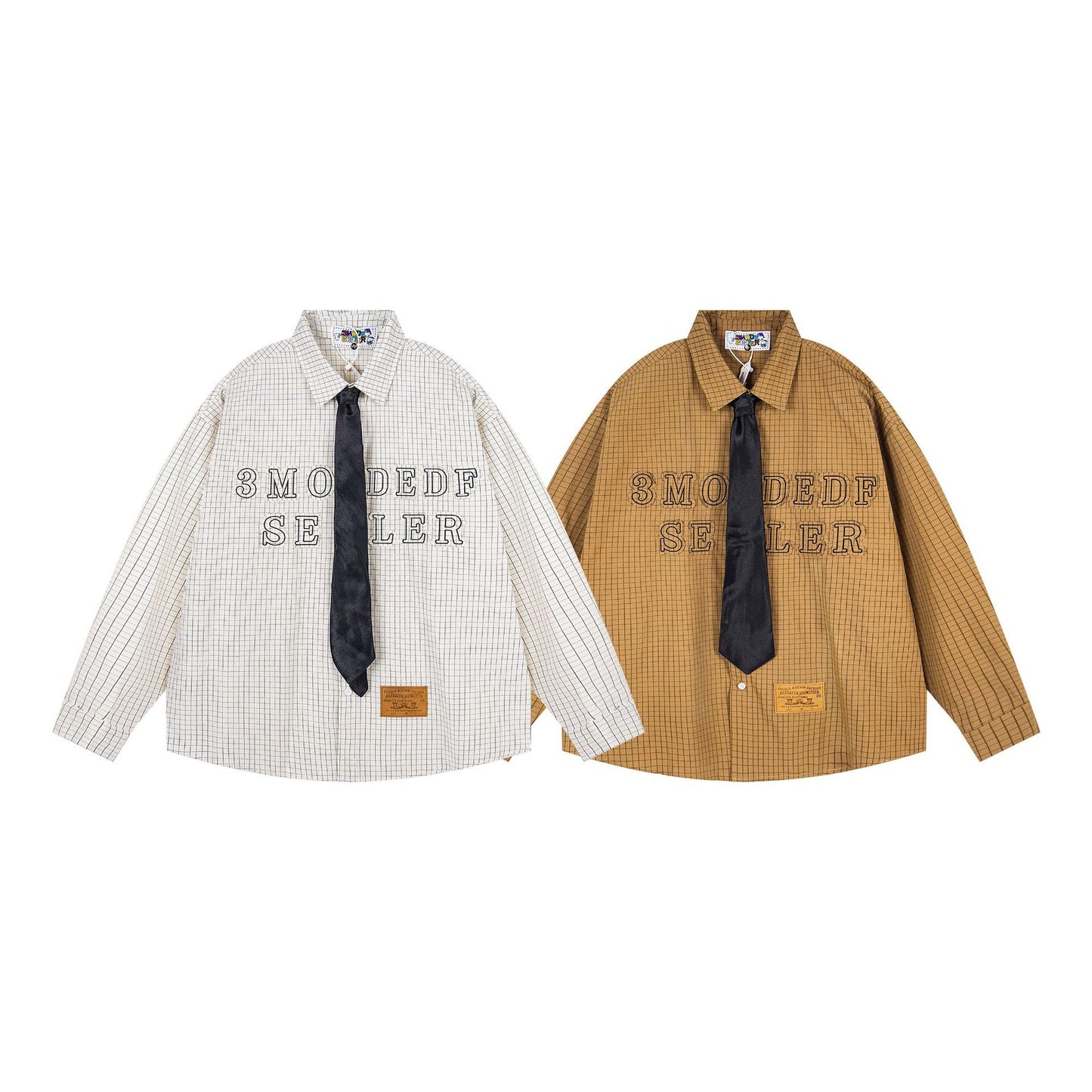 Letter Embroidery Striped Collar Long Sleeve Shirt Men's  College Style Couple Loose Casual Shirt